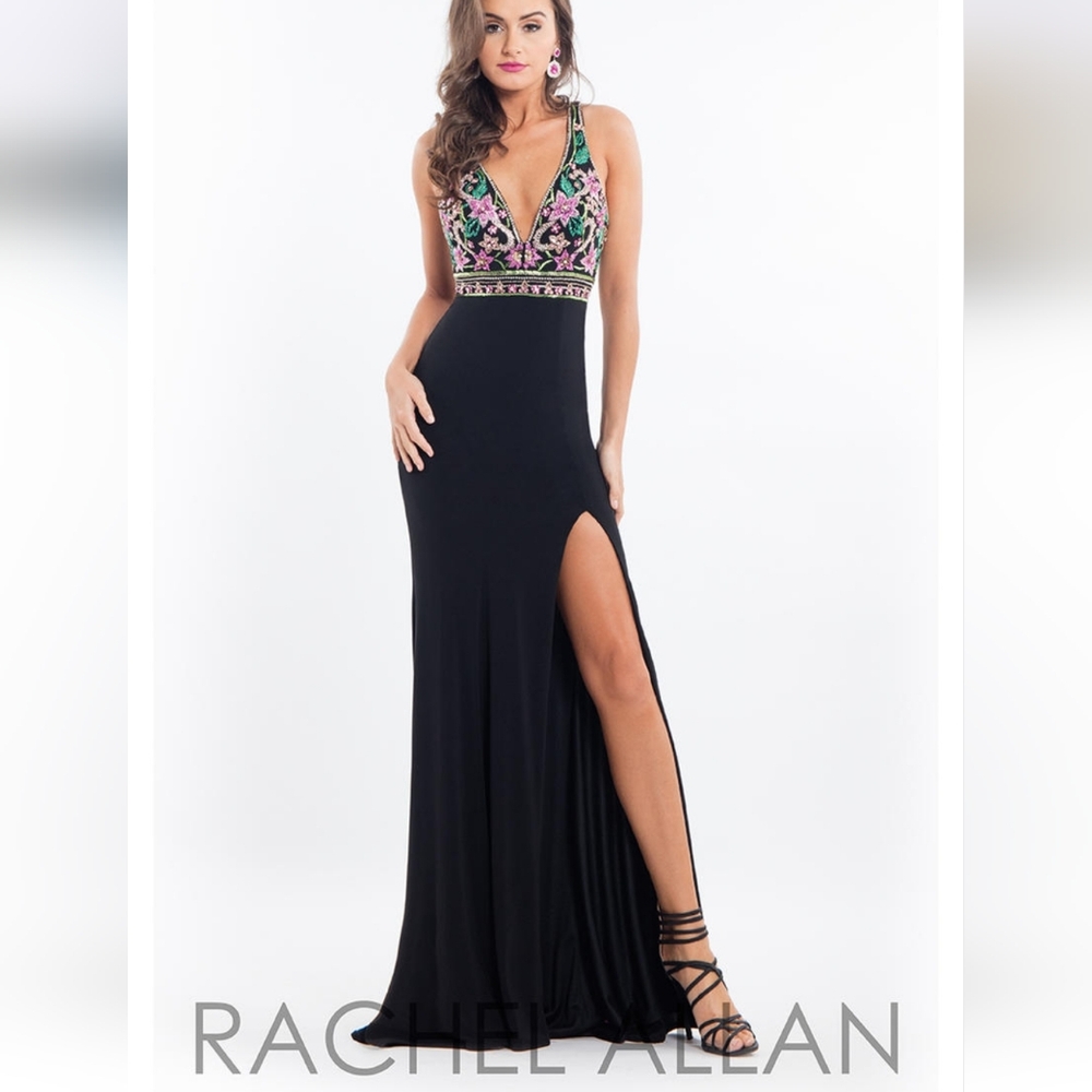 Rachel Allan Elegant Black and Pink Beaded Evening Gown